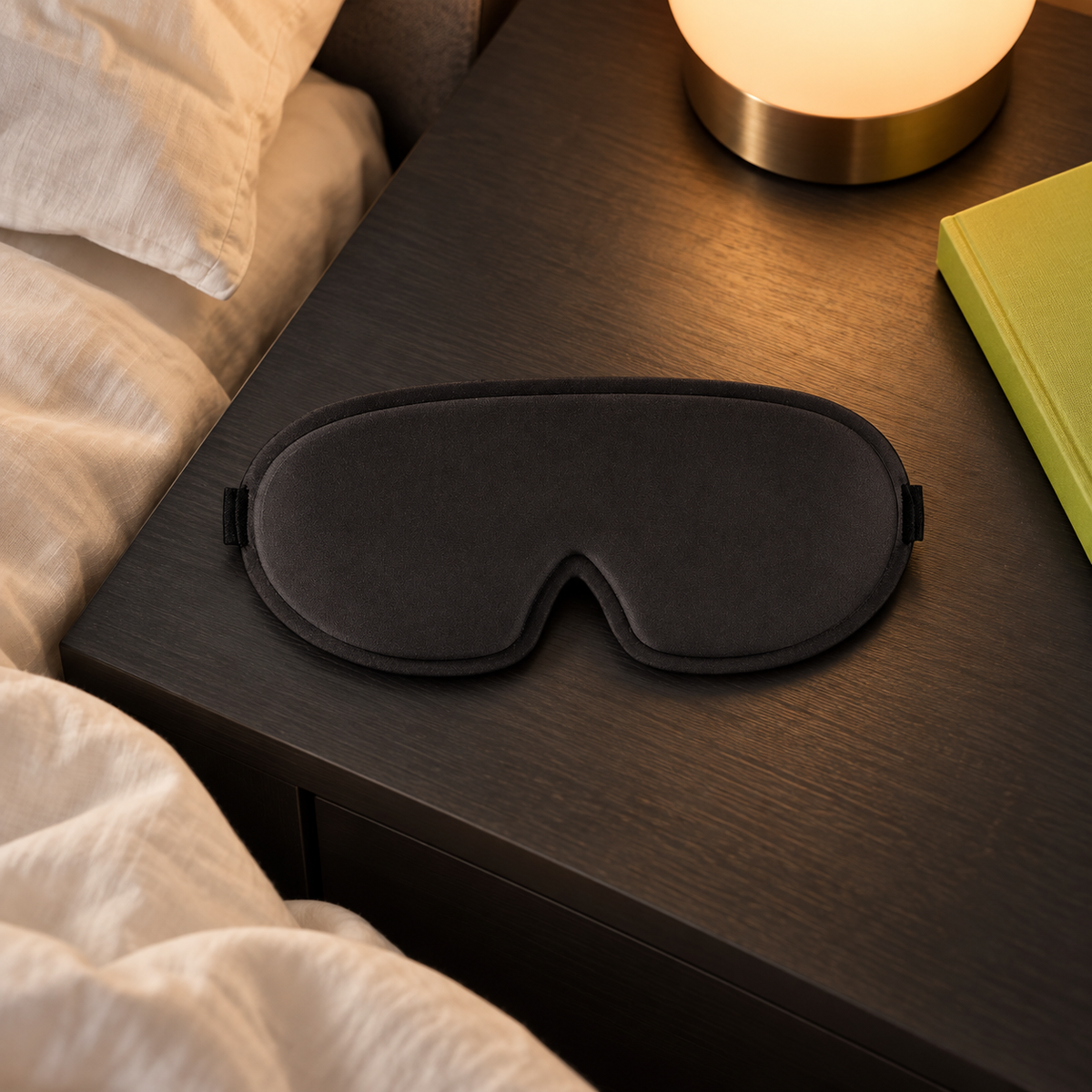 Illustrative AI-generated bedside scene of the draft black round mask; styling props are not included.