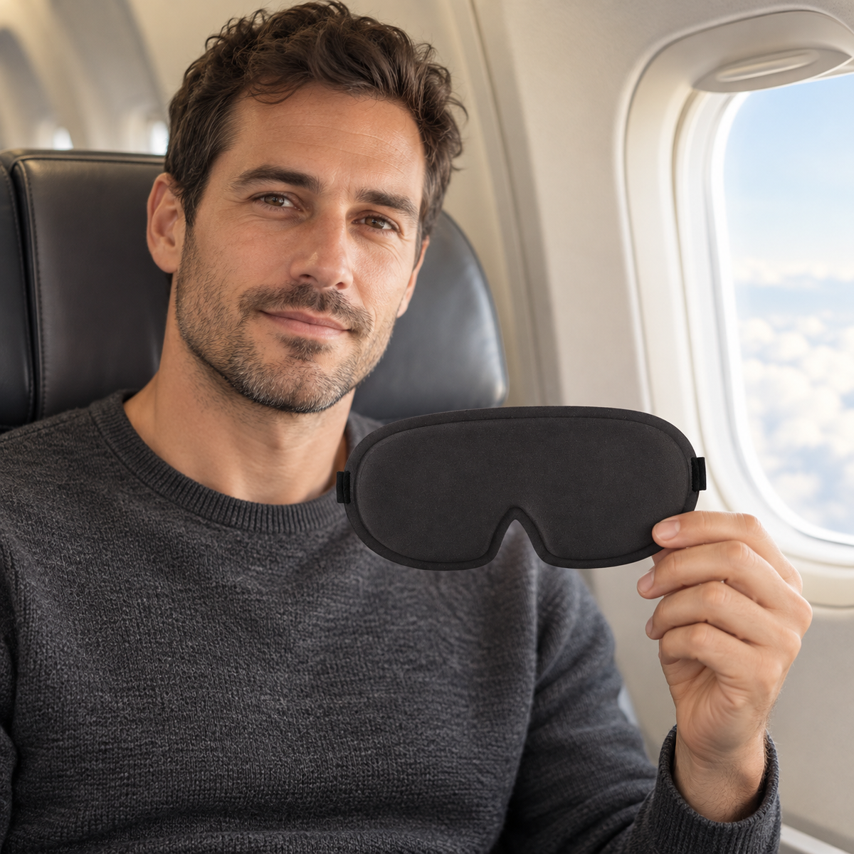 Illustrative AI-generated scene of a man holding the black round mask by an airplane window; not a customer photograph or fit proof.