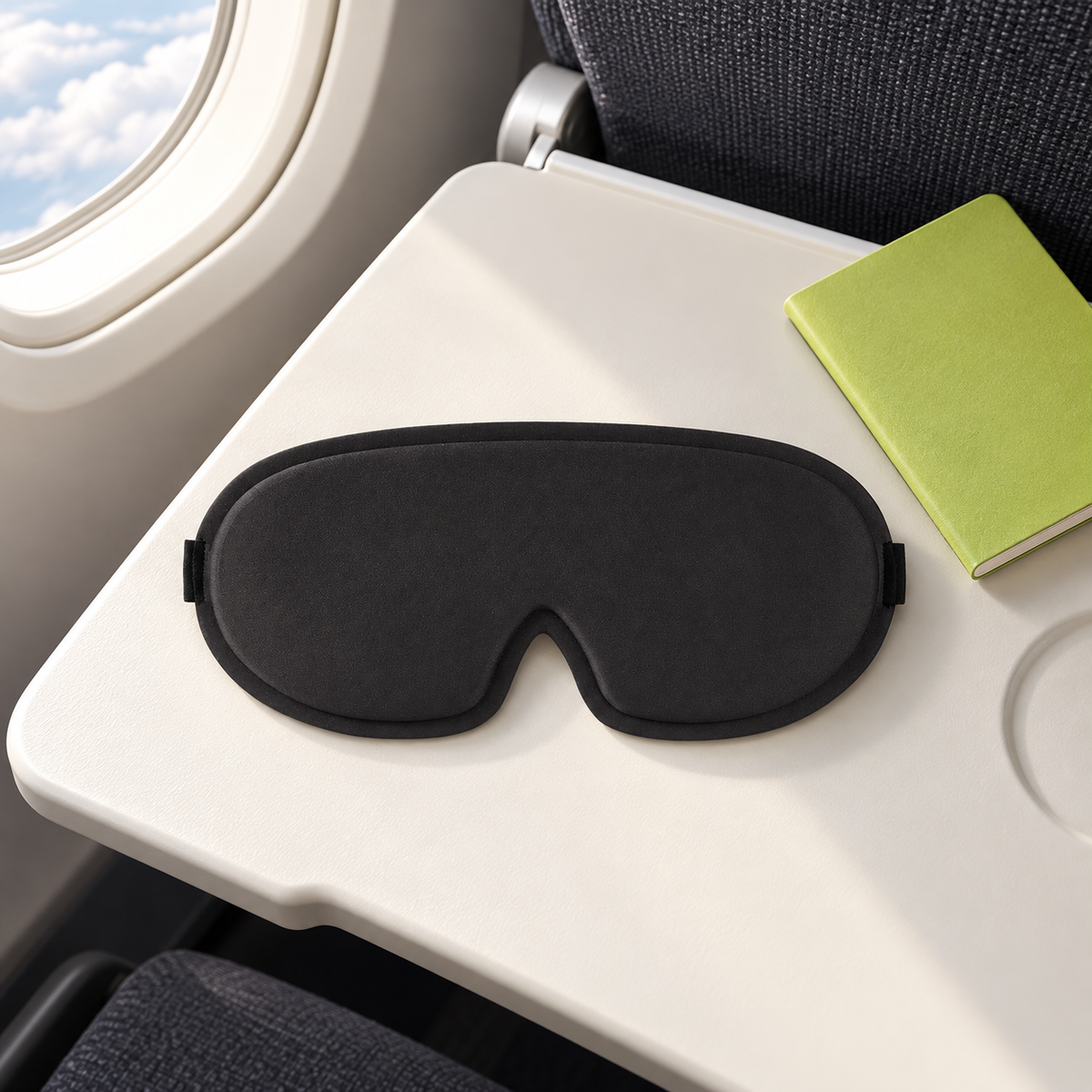 Illustrative AI-generated travel scene of the draft black round mask; travel styling props are not included.
