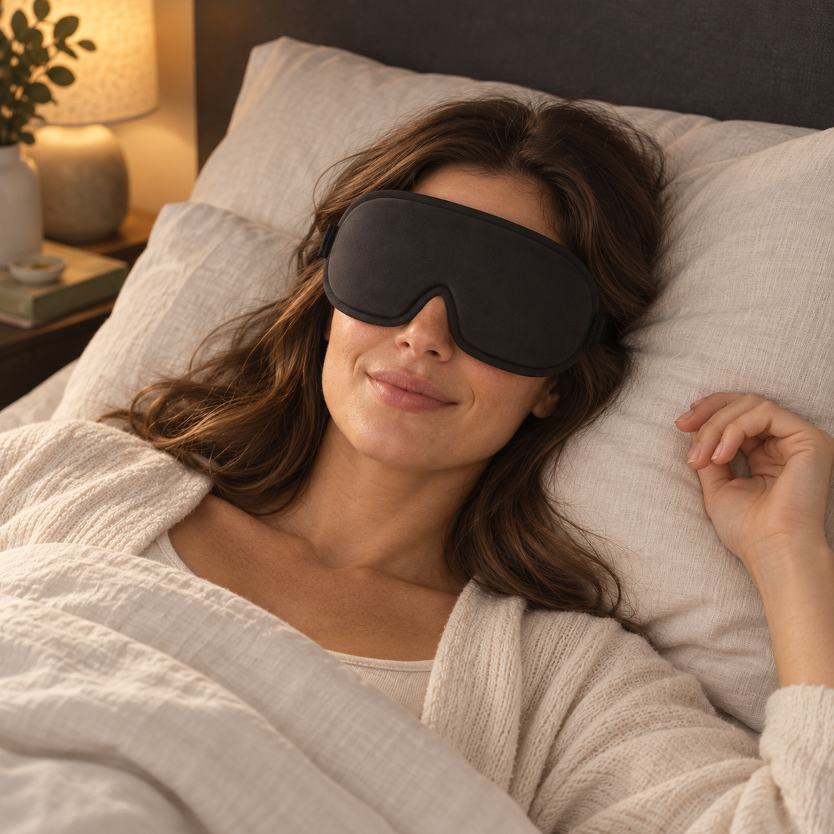 Illustrative AI-generated scene of a woman wearing the black round sleep mask on an ivory pillow; not a customer photo or verified fit/performance proof.