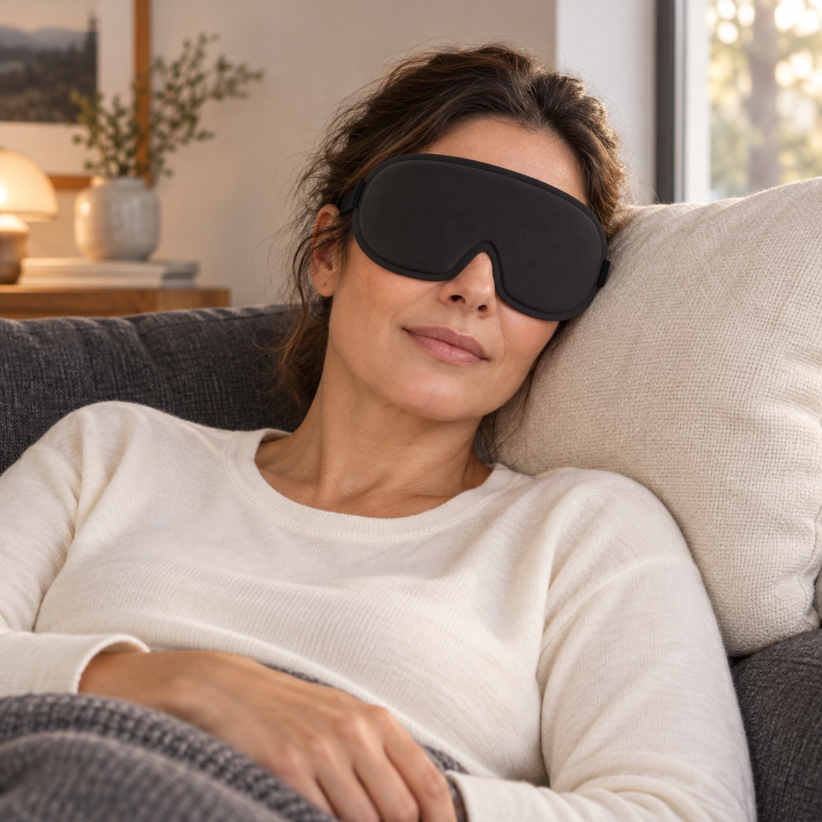Illustrative AI-generated scene of a woman wearing the black round sleep mask while reclining on a sofa; not a customer photo or verified fit/performance proof.