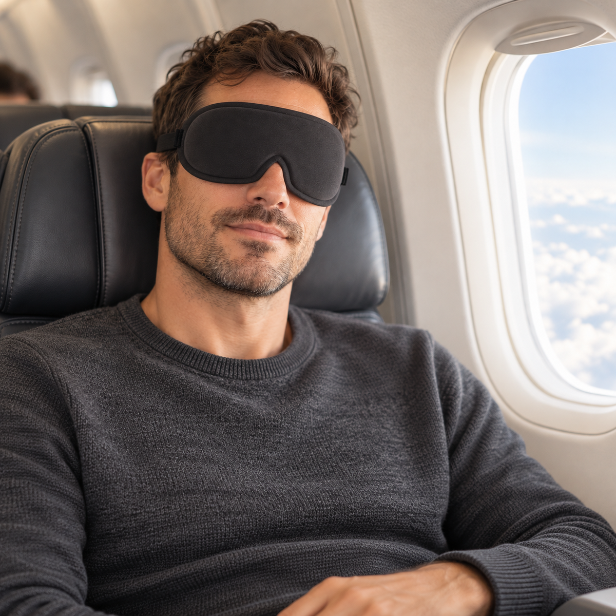 Illustrative AI-generated scene of a man wearing the black round sleep mask in an airplane seat; not a customer photo or verified fit/performance proof.